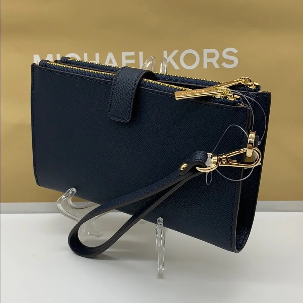 MICHAEL KORS LG DOUBLE ZIP WRISTLET PHONE CASE - wallet Navy NWT - Picture 14 of 16